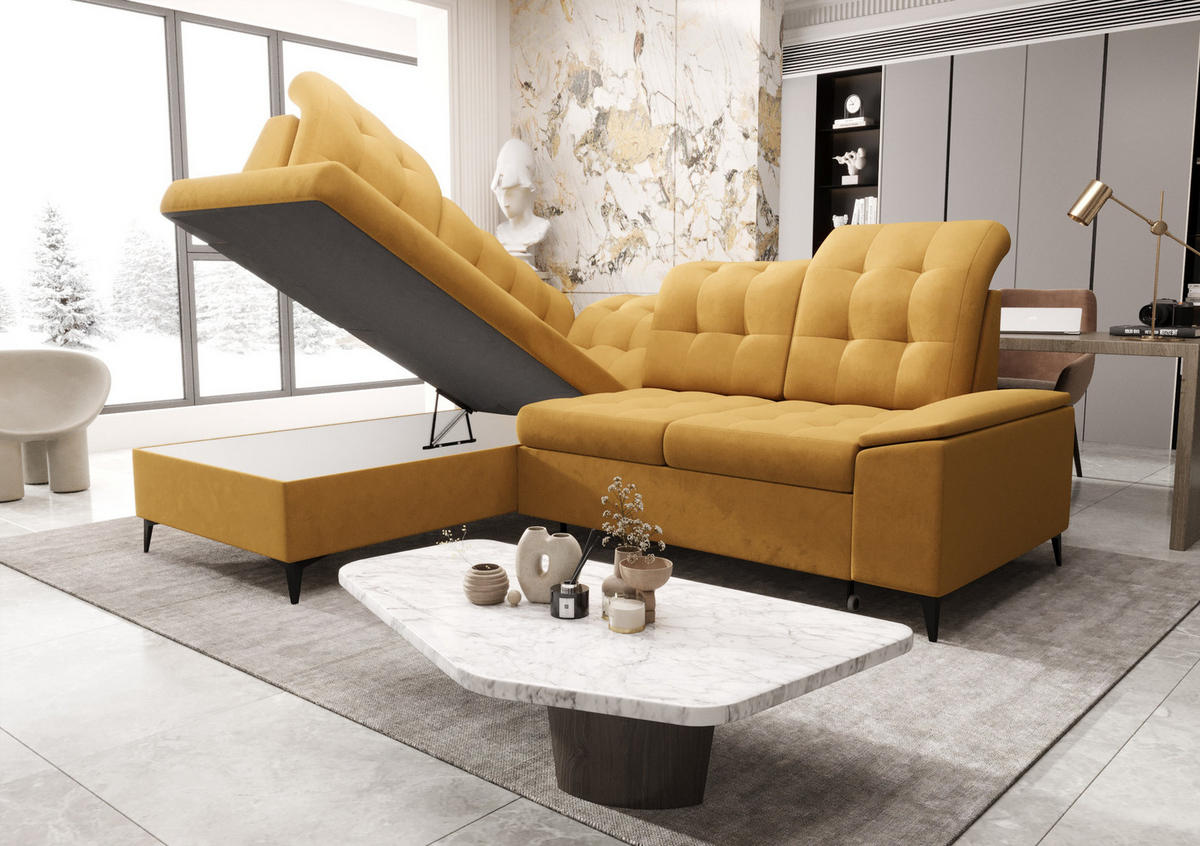 ECKSOFA KONGO RBN16, Eckcouch in L-Form mit Schlaffunktion, Farbe: Gelb, Velourstoff, Ottomane Links - Gelb, Textil (268/210cm) - O-Sofa