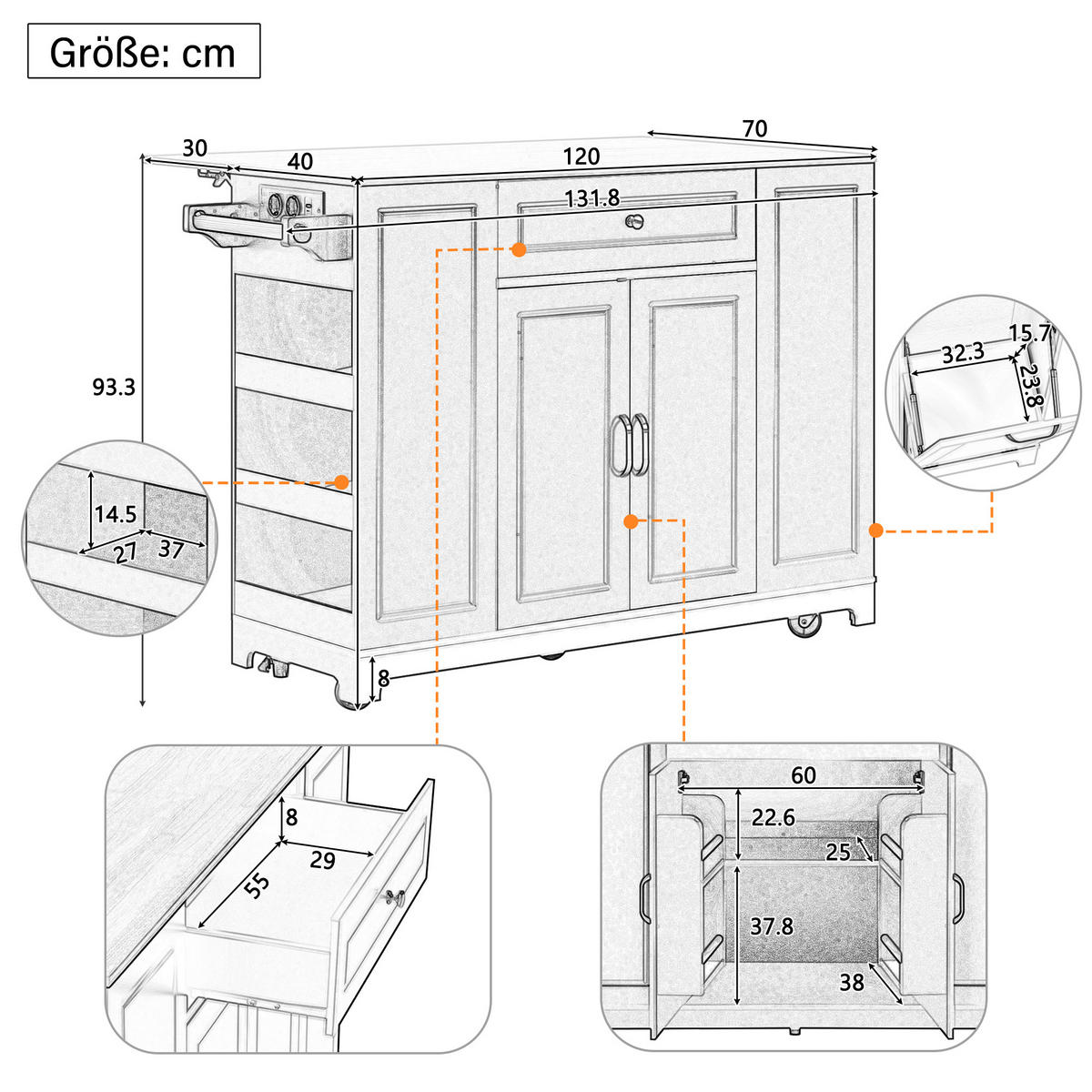 KÜCHENINSEL Mobile (132 cm) in Weiß/Natur mit Mülleimer-Auszug - Weiß, Holzwerkstoff (131.8/93.3/40cm) - Urban Meuble