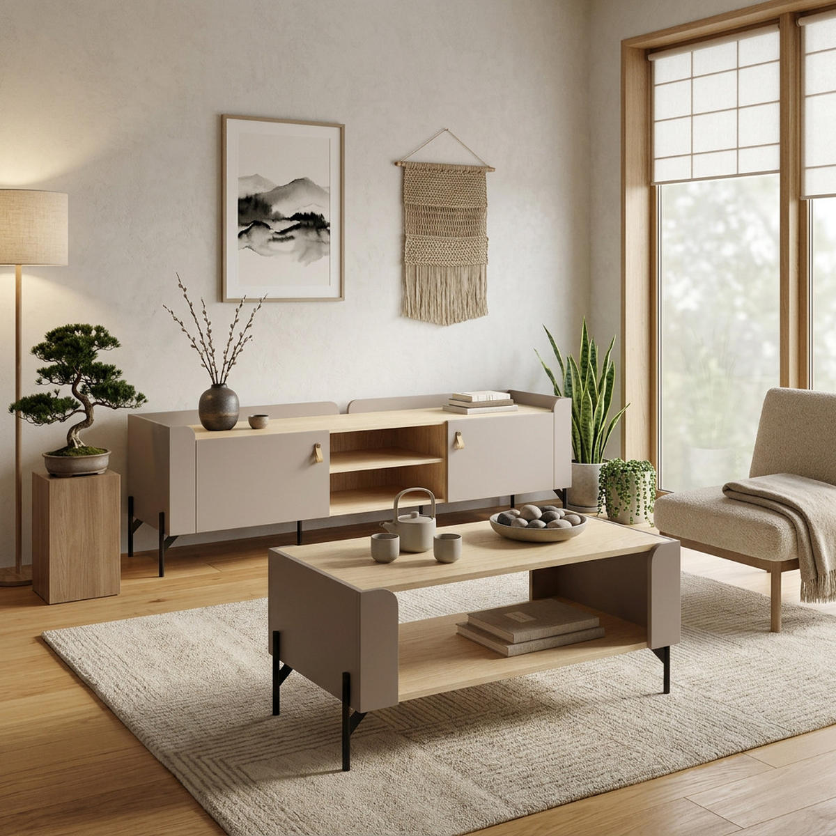 LOWBOARD Sorella mit 2 Türen 195 cm, für Jugendzimmer, Porcini + Eiche Mavelie - Eichefarben/Cappuccino, Leder/Holzwerkstoff (195/55/42cm) - Beautysofa