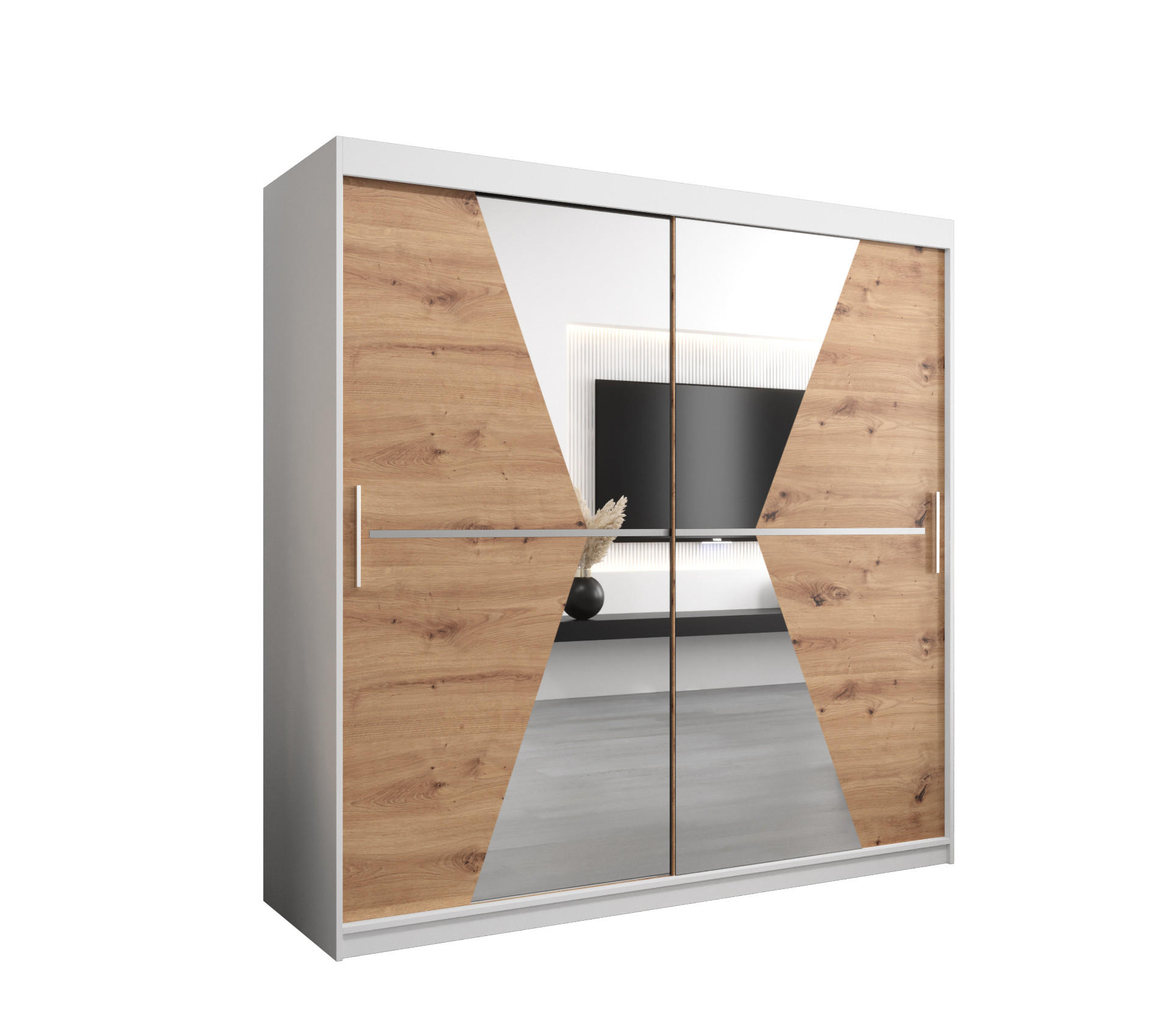 Abiks Möbel Schwebetürenschrank Weiß, Eiche Artisan 200x200x62 cm