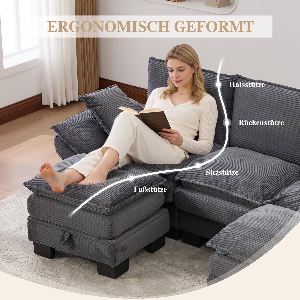WOHNLANDSCHAFT Cord Dunkelgrau mit USB-C und 2 Hockern - Dunkelgrau, Holzwerkstoff/Kunststoff (260/84/132cm) - WISHDOR