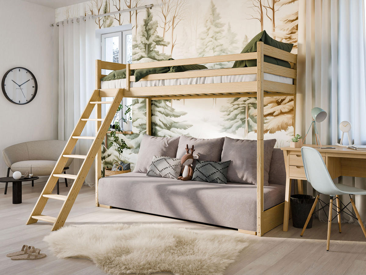 HOCHBETT mit Schlafsofa 200x140 cm in natur und graufarben - Naturfarben/Grau, Holz (140/200cm) - Kids Collective