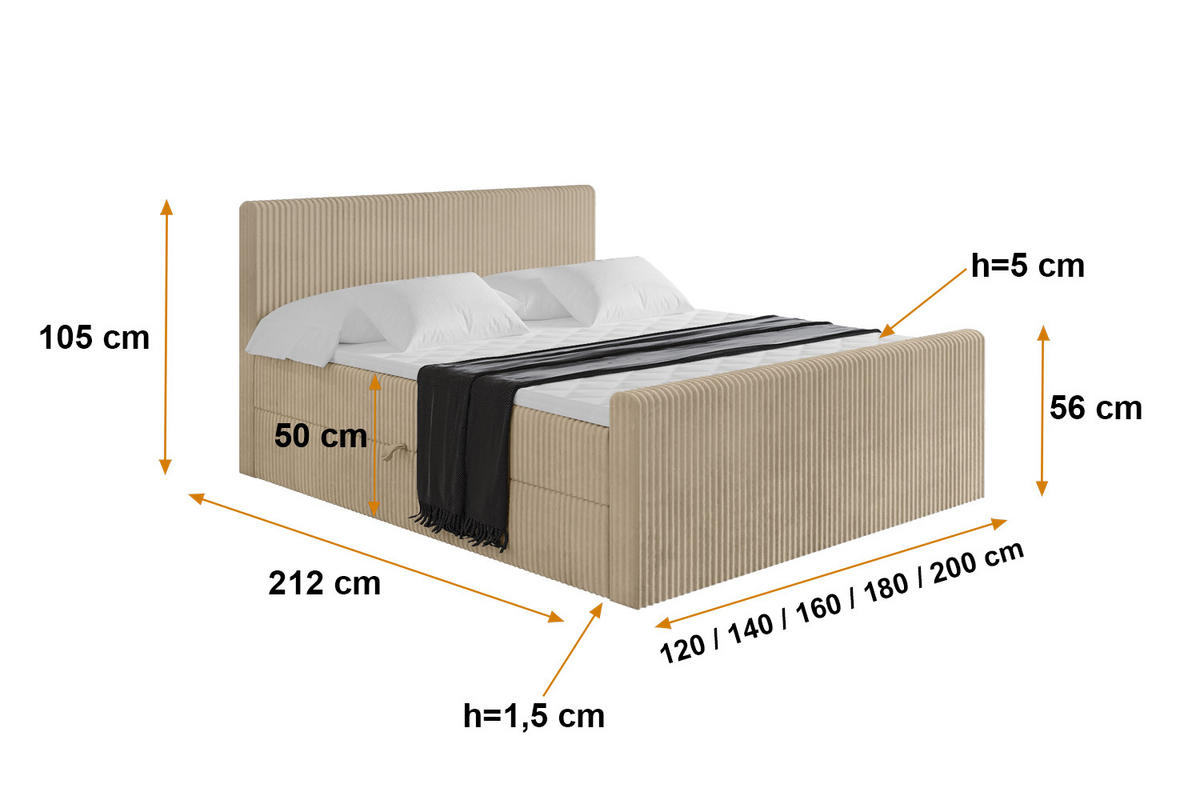 BOXBETT mit Matratze H3 und Lattenrost - TOLO-Z - 180x200 Cord - Beige - Beige, Holzwerkstoff (180/200cm) - ALTDECOR