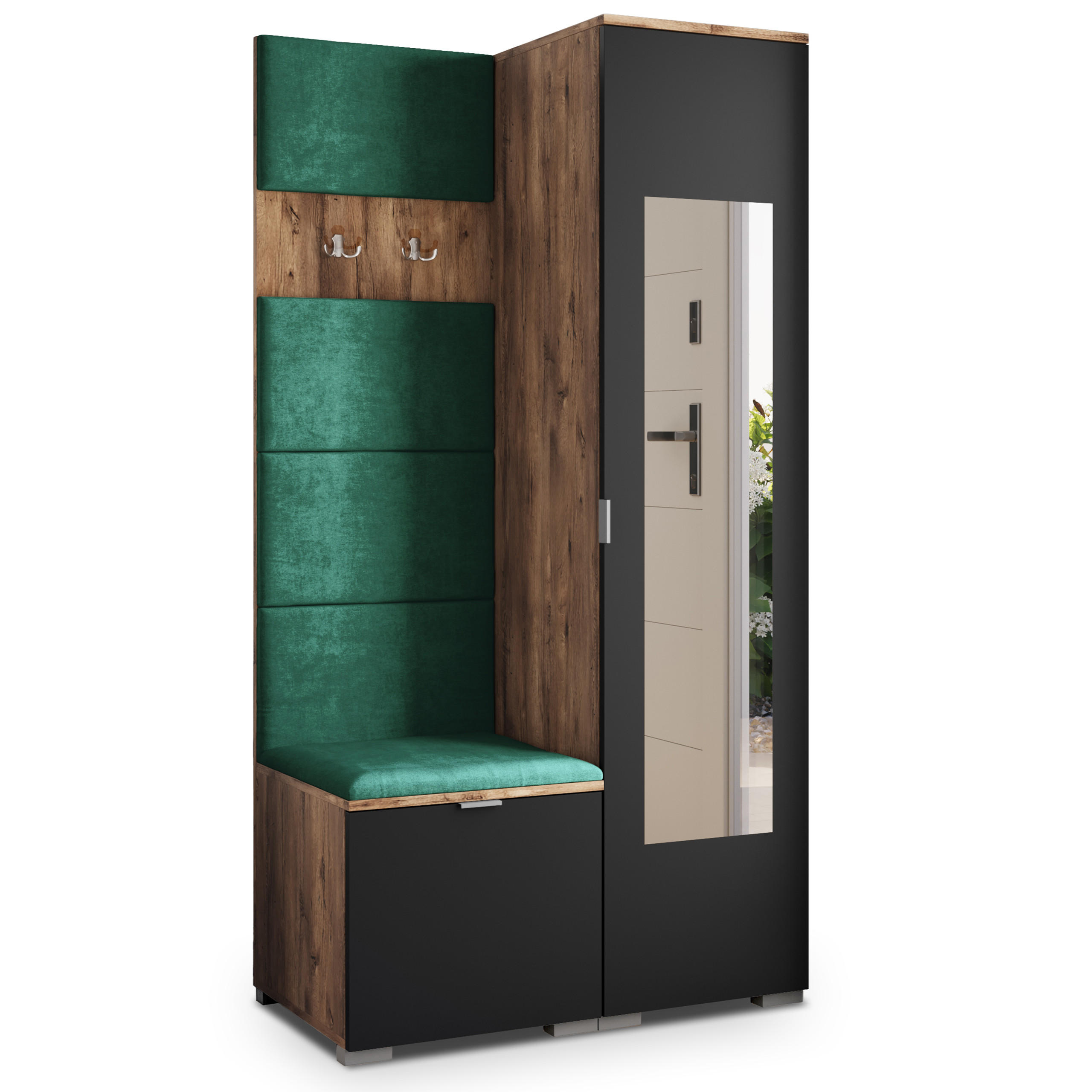 Masseno Garderobenschrank Eiche, Schwarz, Grün 95x181x51 cm