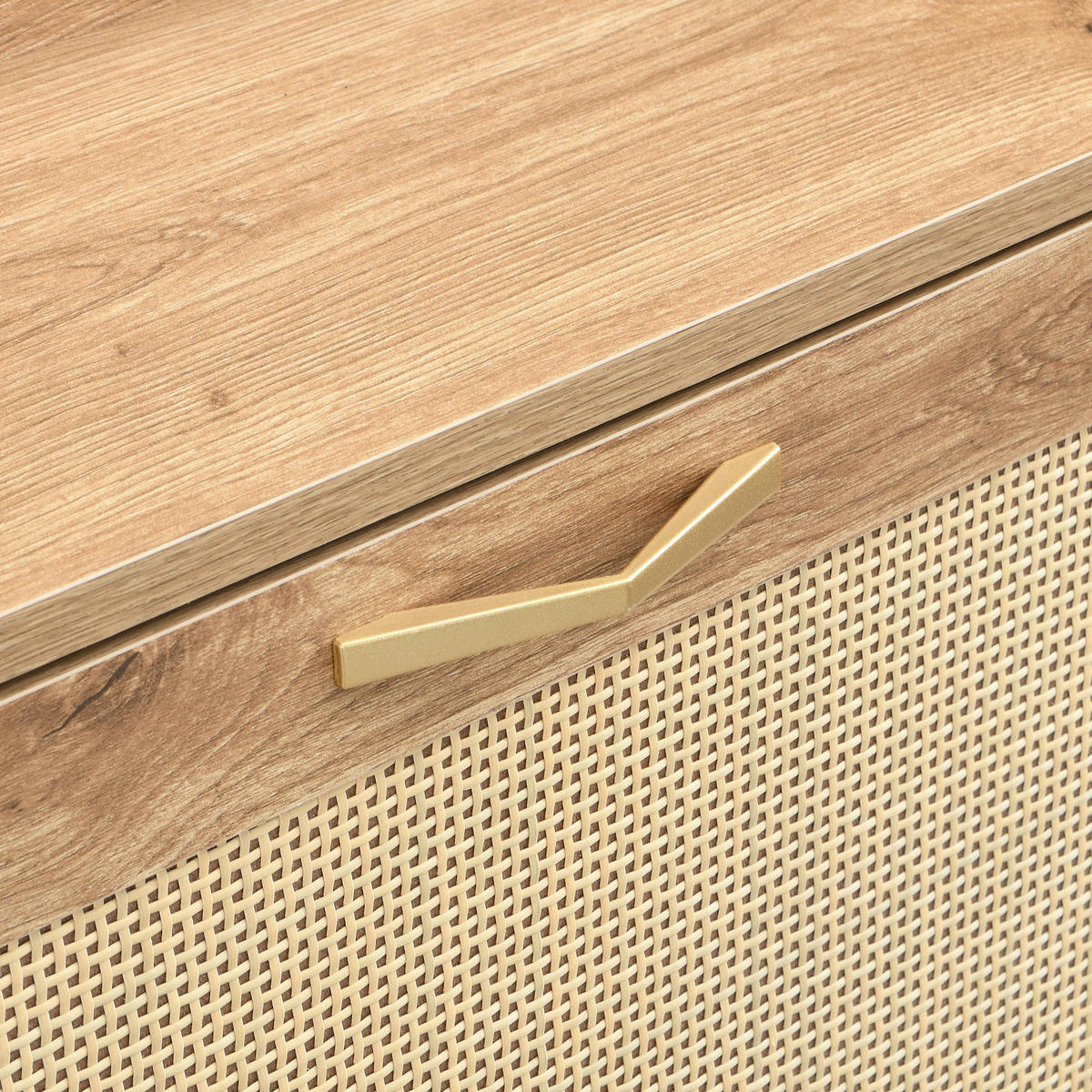 SCHUHSCHRANK in Naturfarben Schuhkommode mit Rattantüren, 4 Türen, Metallrahmen und oberem Regal für Flur , B108.5/T24/H100cm - Goldfarben/Naturfarben, Holzwerkstoff/Metall (105/100/24cm) - STILVORA