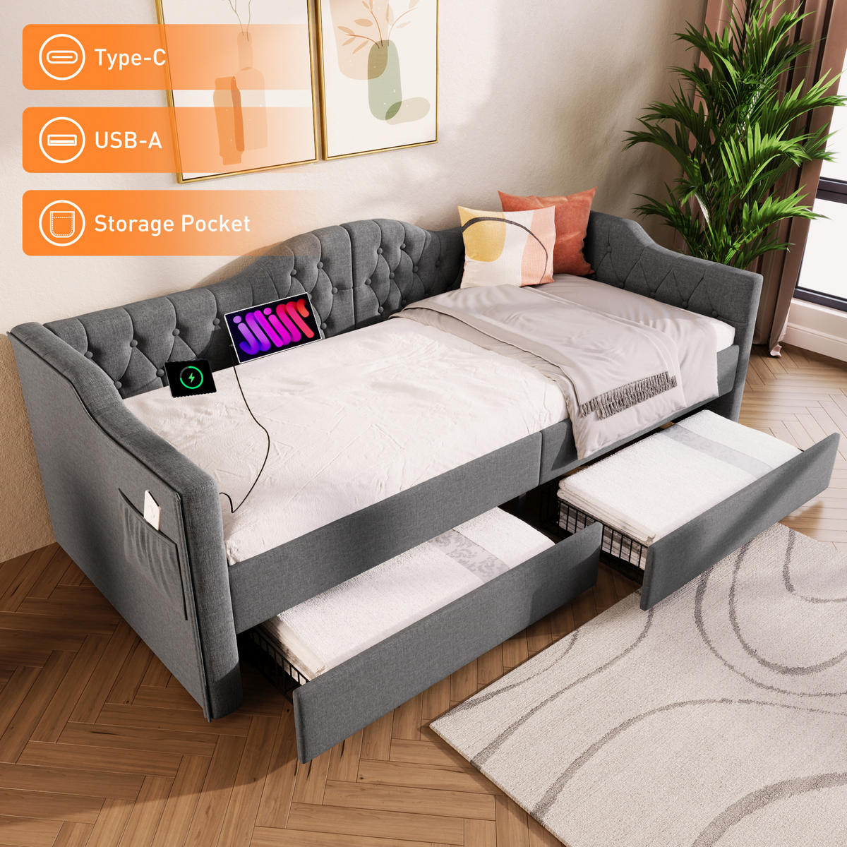 POLSTERBETT 90/190 cm mit 2 Schubladen, USB-C und gepolstertem Kopfteil - Grau, Textil (90/190cm) - BEAOK