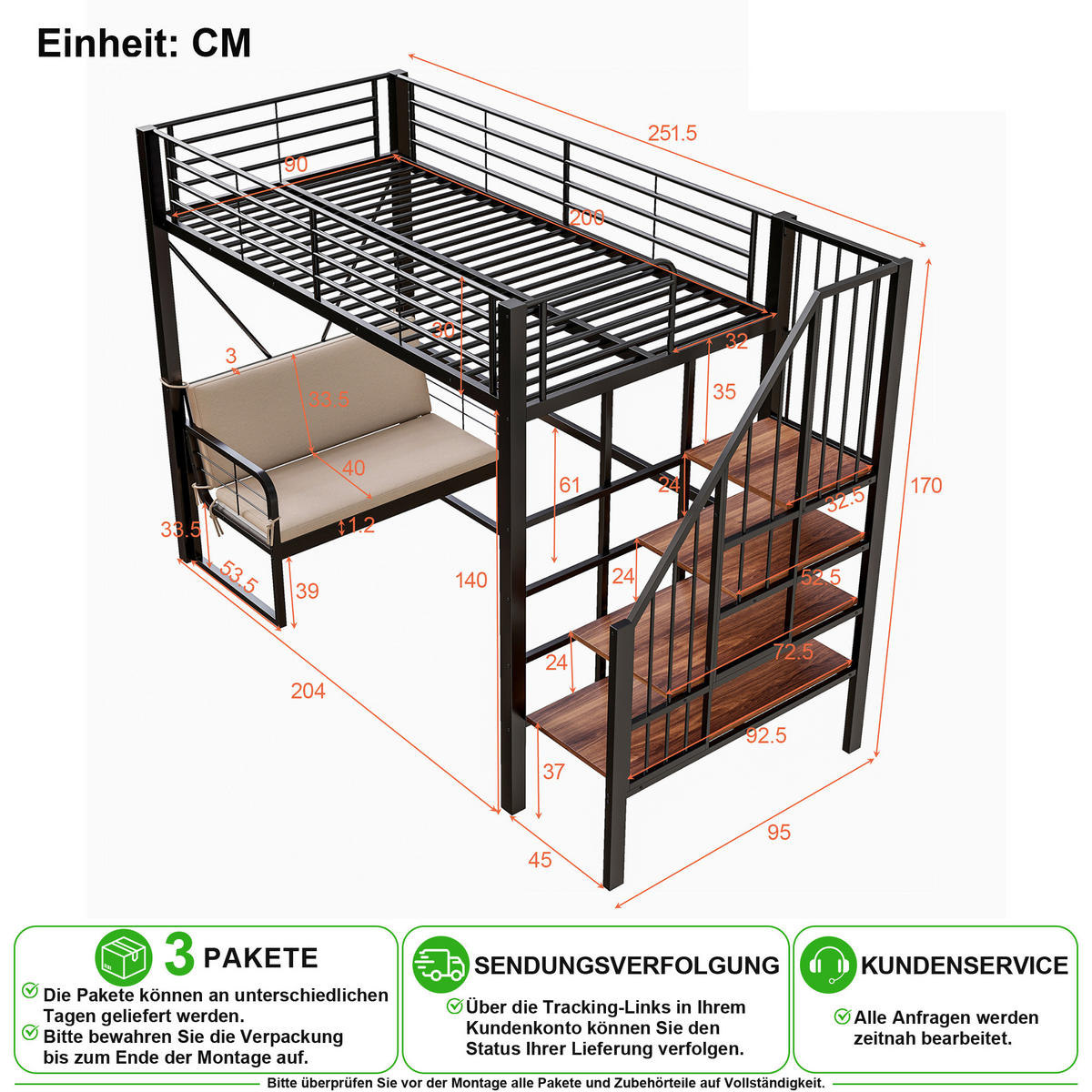 PATROVÁ POSTEL 90/200 cm v černé barvě se schodištěm, úložným prostorem a pohovkou - černá, kov/kompozitní dřevo (90/200cm) - CHICFURN
