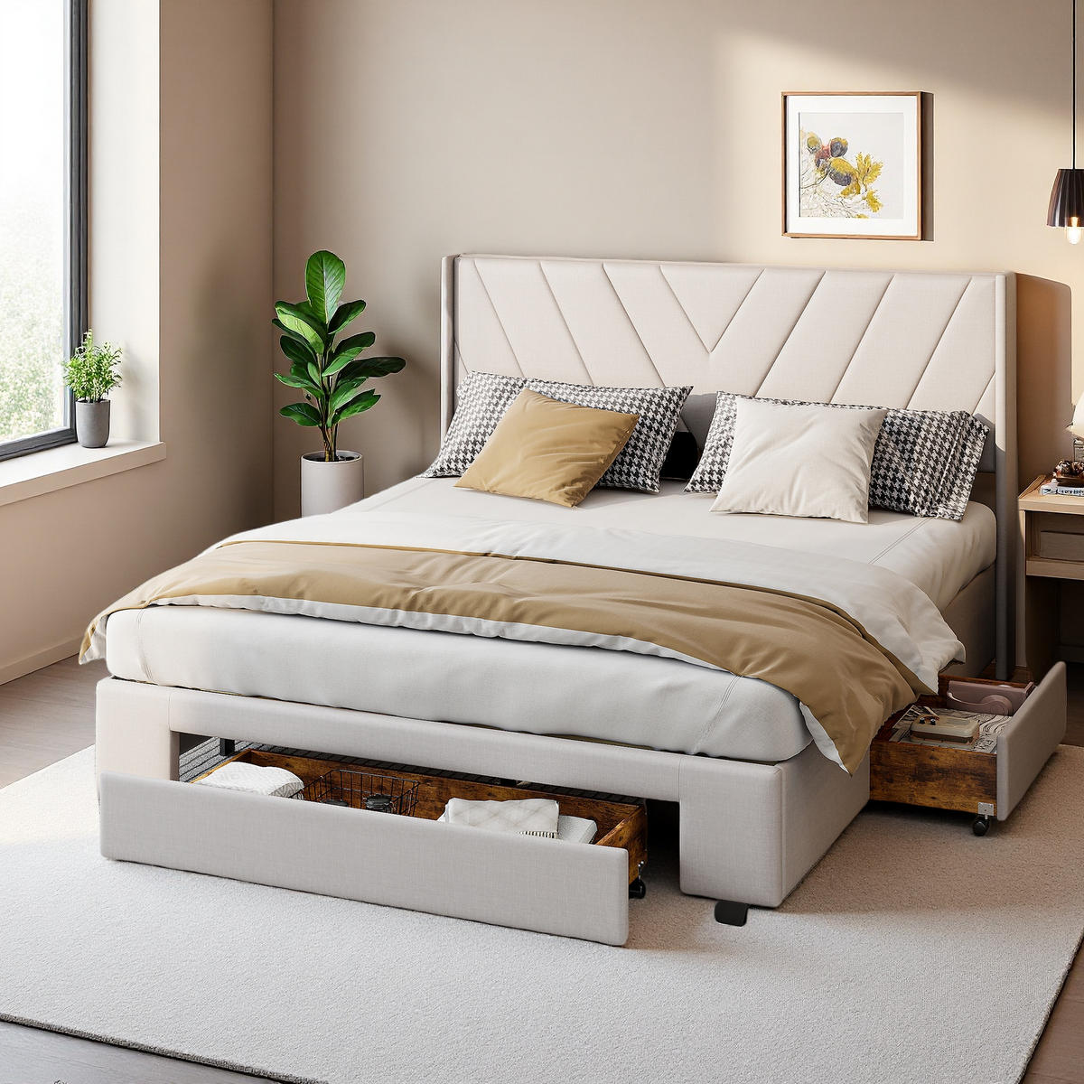 DOPPELBETT 140x200 Beige Leinen 3 Schubladen pflegeleicht - Beige, Metall (140/200cm) - SHOPENTRA