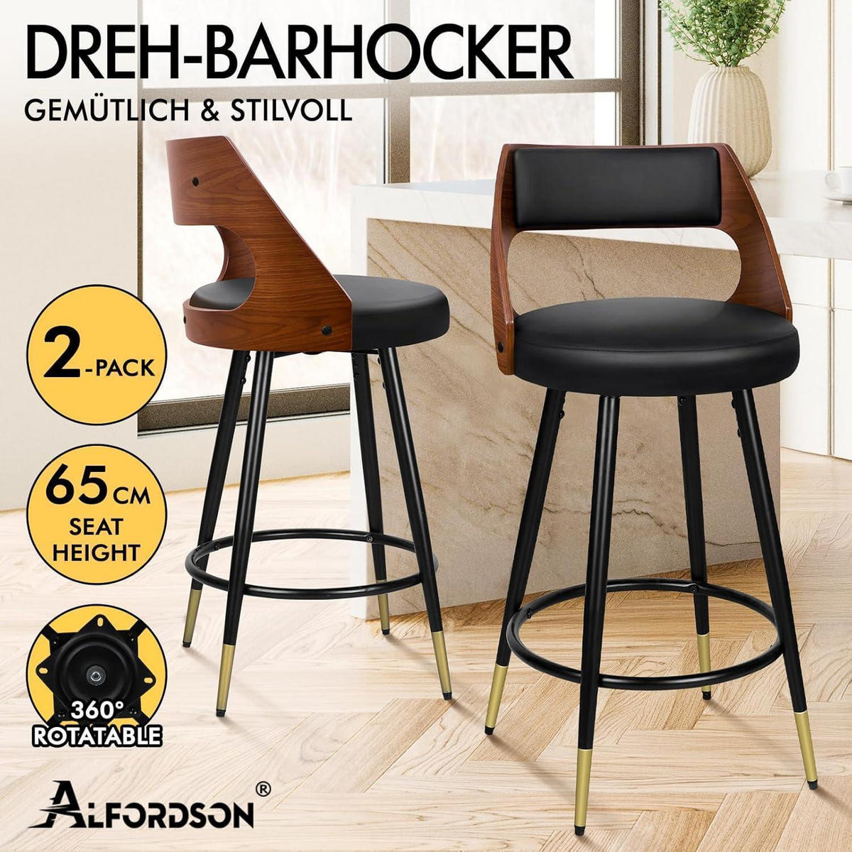 BARHOCKER 2-teiliges Set Holz-Sitz Schwarz 65 cm - Multicolor, Metall (47/92/50cm)