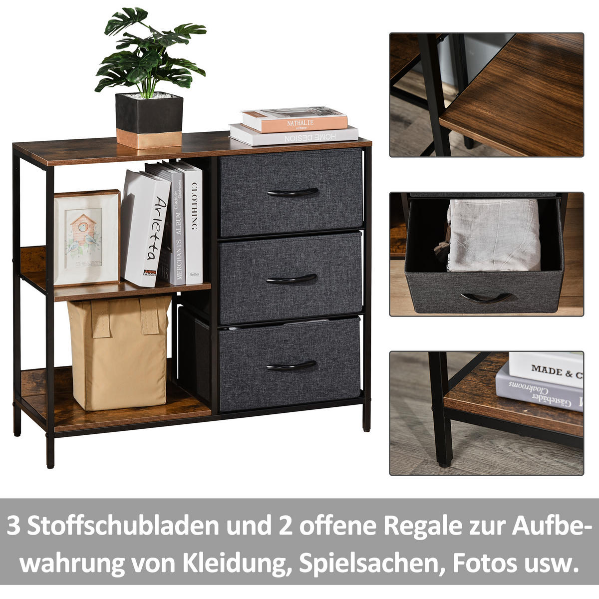 KOMMODE mit 3 Stoff-Schubladen, 2 offenen Regal, Braun - Multicolor, Textil (80/71/29cm) - HOMCOM