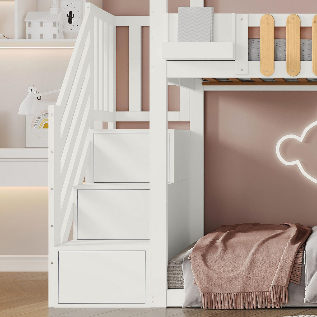 ETAGENBETT 90/200 cm Weiß/Natur mit Treppe, Stauraum und Fensterdesign - Weiß, Holzwerkstoff (90/200cm) - Flora Grace