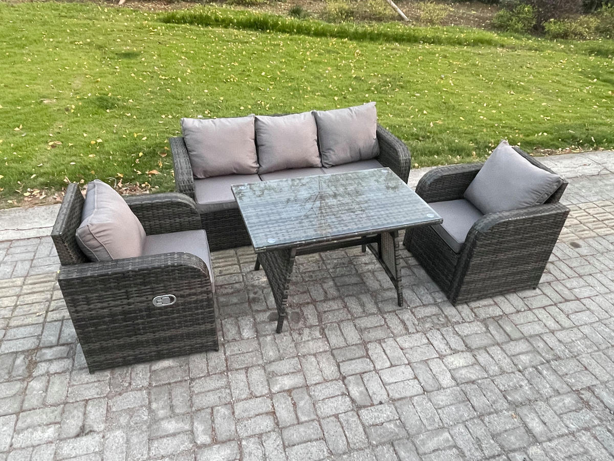 GARTENMÖBEL SET mit COUCHTISCH Polyrattan Dunkelgrau 5-Sitzer - Dunkelgrau/Grau, Glas/Kunststoff - Fimous
