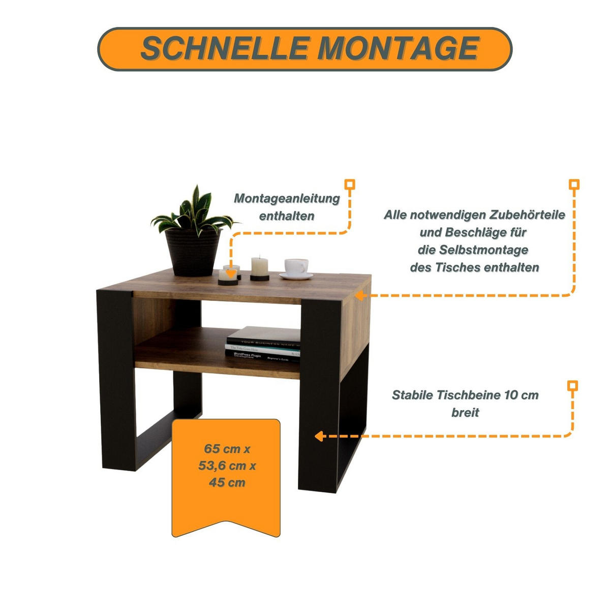 COUCHTISCH Holzwerkstoff rechteckig stabil Nussbaumfarben 45/53,6/65cm - Nussbaumfarben/Schwarz, Holzwerkstoff (53.6/65/45cm) - CraftPAK