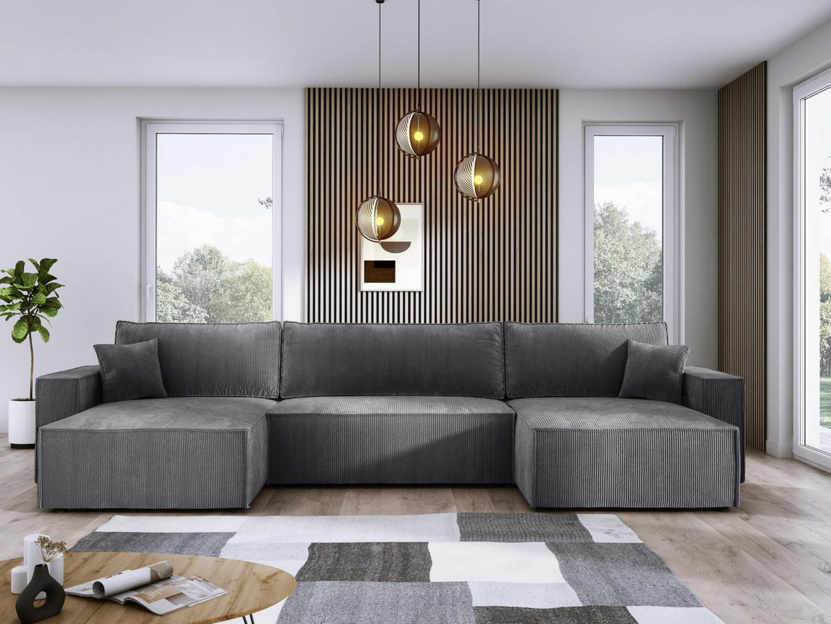 ECKSOFA Poso XXL U-förm, Schlaffunktion, weiche Kissen, Bettkasten, hochwertige Polsterung, lose Rückenkissen, freistehend, 377x143x83 cm Grey - Dunkelgrau, Holz/Textil (377/83/143cm) - DomoHome