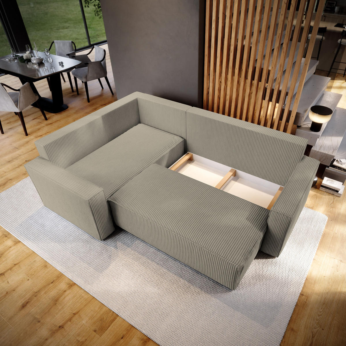 ECKSOFA ESTANO L-S Beige Kordstoff mit Schlaffunktion - Beige, Holz (230/158cm) - MASSENO