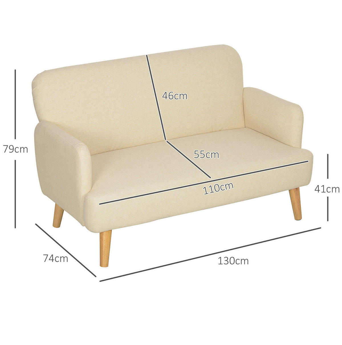 DVOJSEDAČKA 130/74/79 cm krémově bílá ze sametu s područkami - krémová, textil (74/79/130cm) - OKWISH
