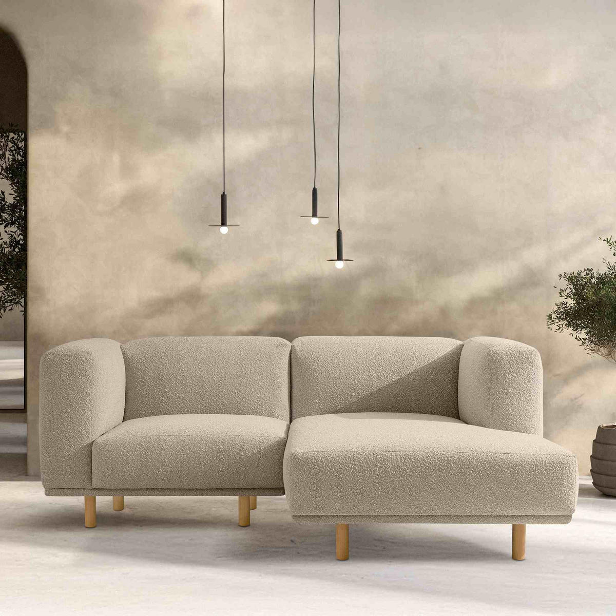 ECKSOFA-RECHTS FOSERO, Bouclé - Buchefarben/Creme, Holz/Holzwerkstoff (204/155cm) - KONSIMO®