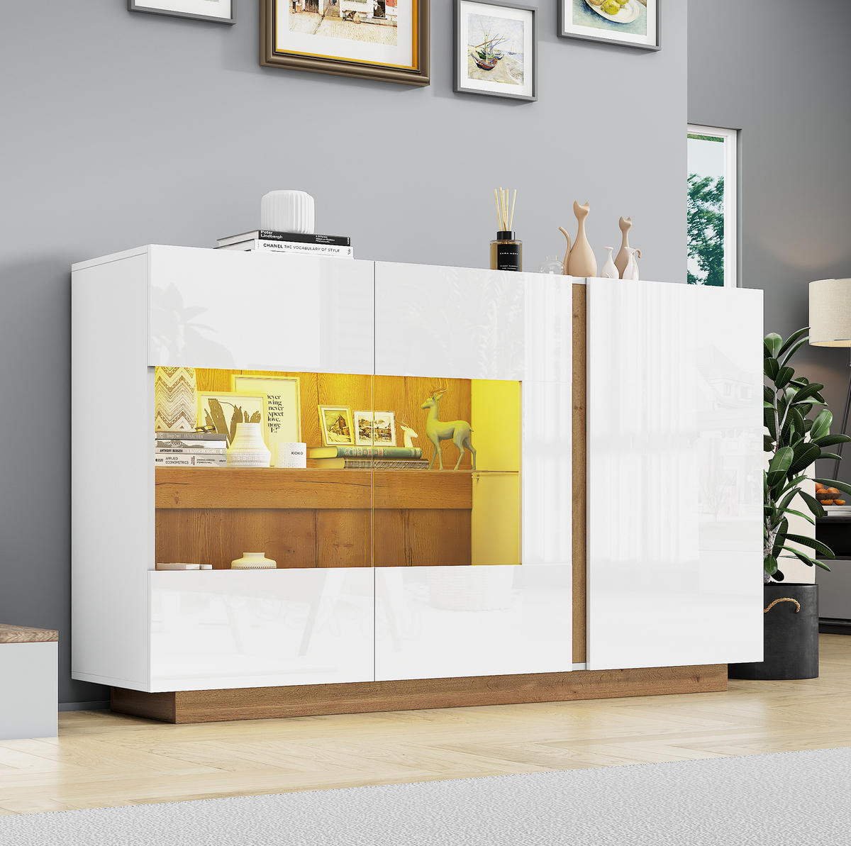 SIDEBOARD 138/38,5/90,5 cm weiß aus Spanplatte mit Glas und LED - Weiß, Holzwerkstoff (138/90.5/38cm) - OKWISH
