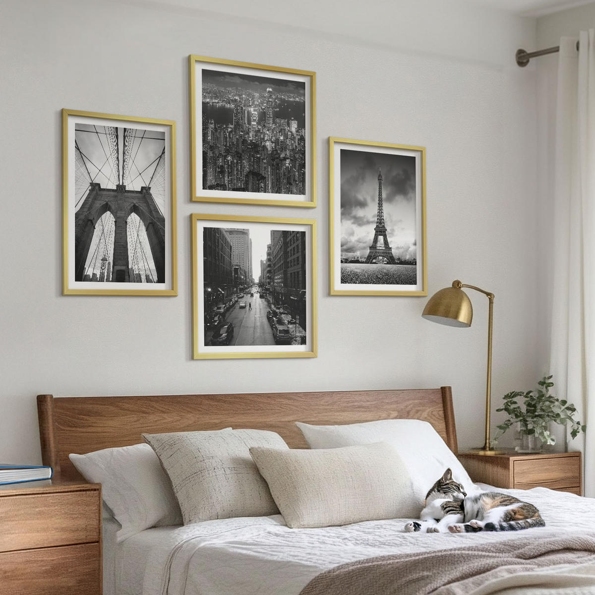 BILDER SET 4er Set - 50x50 cm & 40x60 cm Goldrahmen - Monochromatische Brückentürme - Goldfarben, Kunststoff (50/50cm) - TULUP