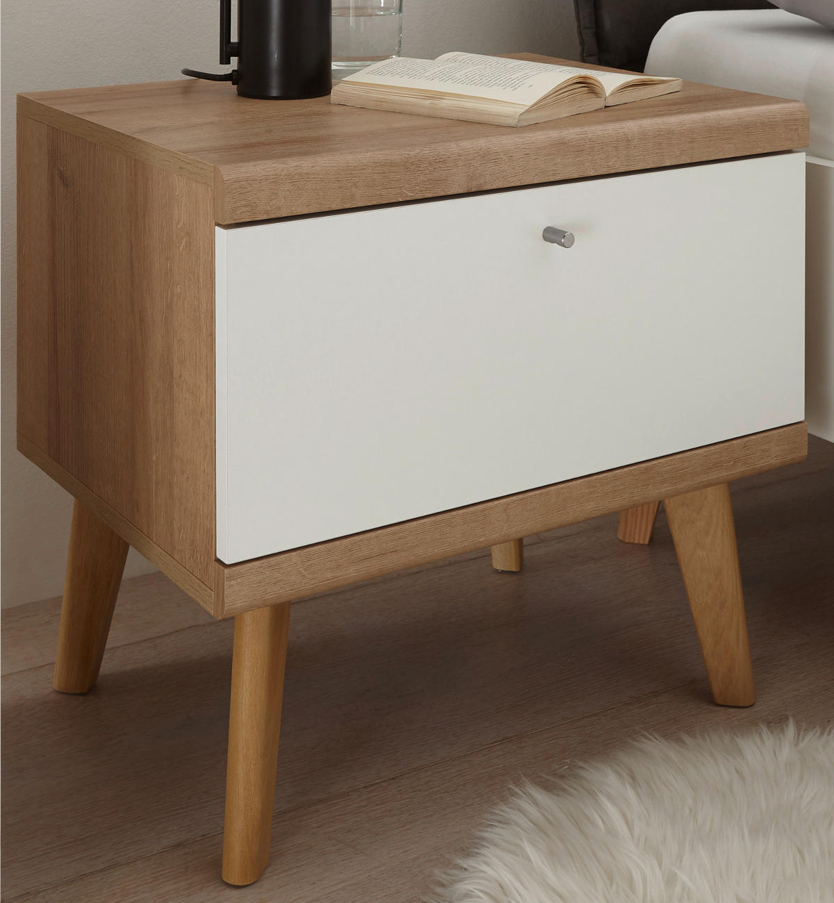 NACHTTISCH weiß, Eiche Riviera, Nachtkommode skandinavisch, 54 x 50 cm - Eichefarben/Weiß, Holz/Holzwerkstoff (40/50/54cm) - Furn.Design