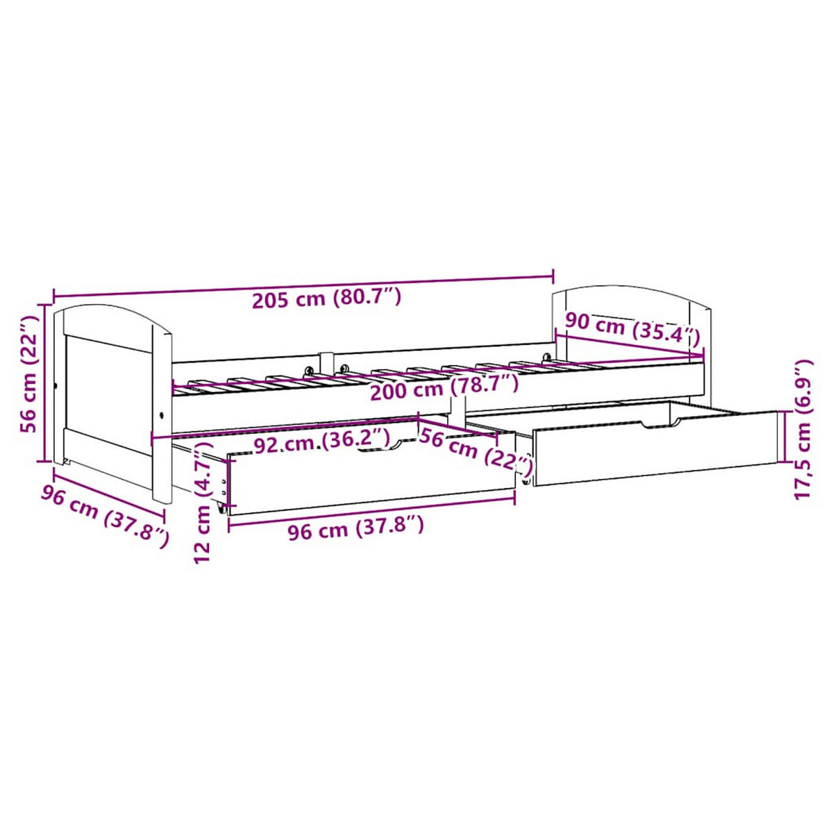 TAGESBETT Mit 2 Schubladen Ohne Matratze Irun Schwarz 90/200Cm - Schwarz, Holz (90/200cm) - vidaXL