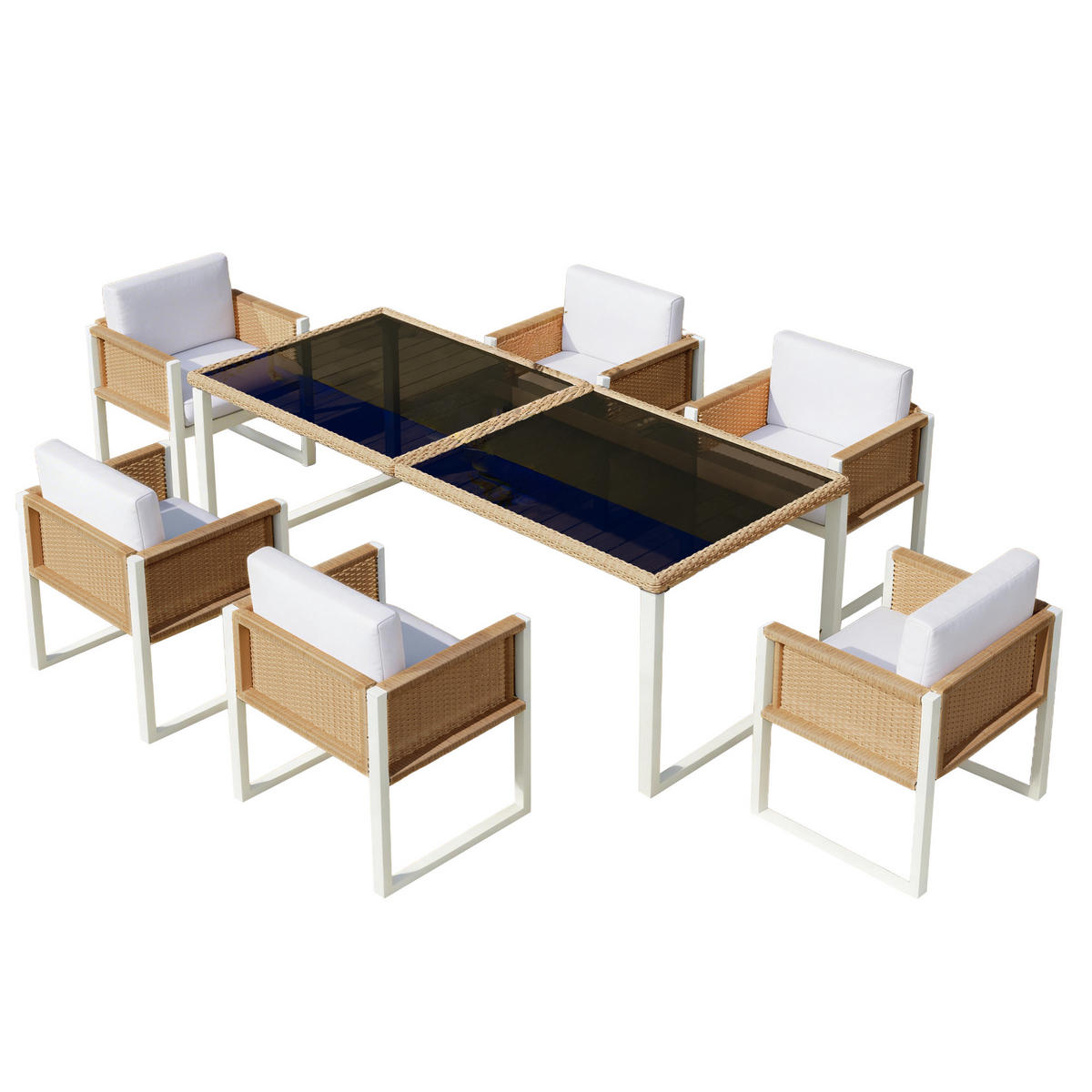 GARTEN-ESSGRUPPE 170/80/75 cm braun/weiß aus PE-Rattan mit 6 Stühlen - Braun, Naturmaterialien - OKWISH