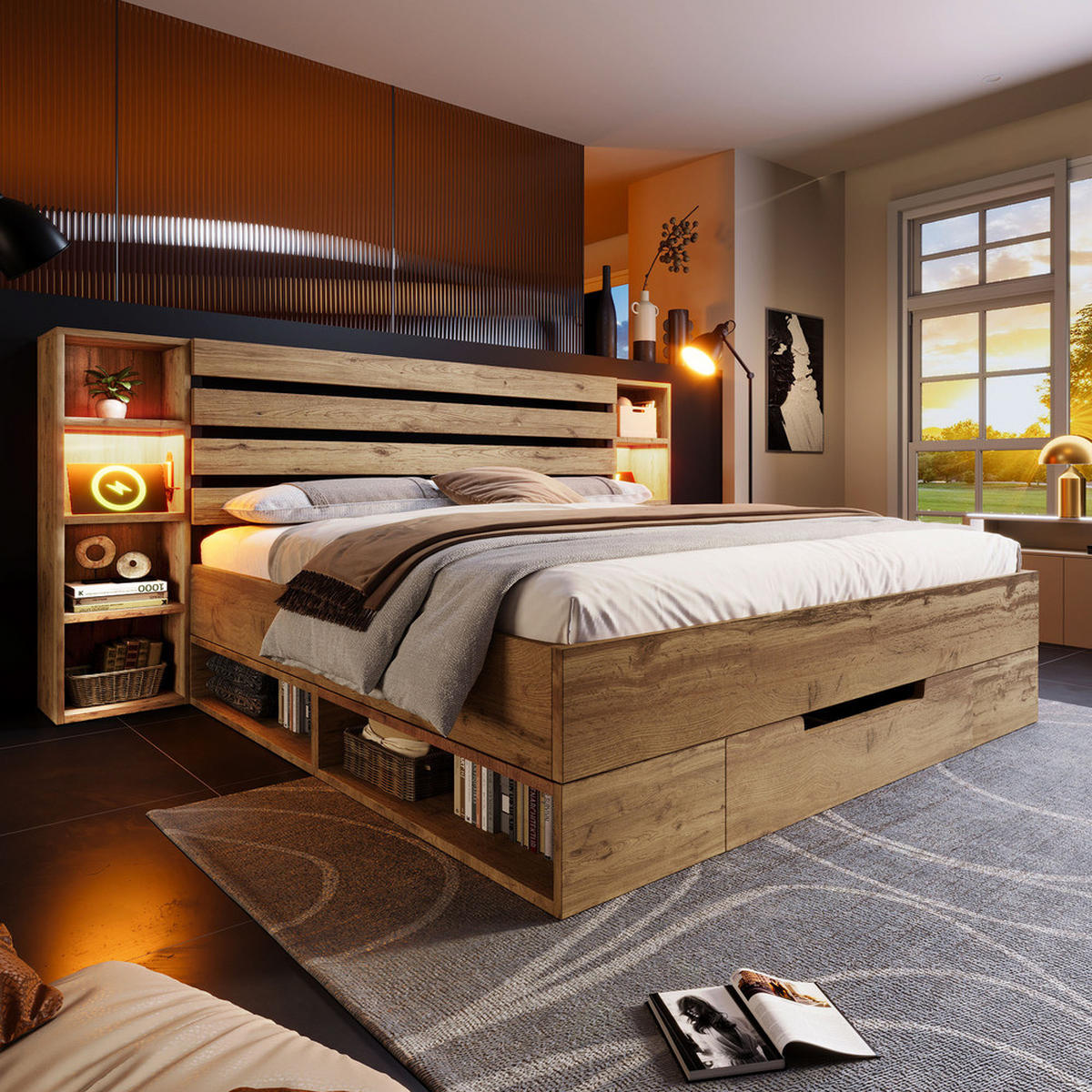 DOPPELBETT 180x200cm Massivholzbett LED-Beleuchtung USB-C Stauraum Eiche - Braun, Holz - FLIEKS