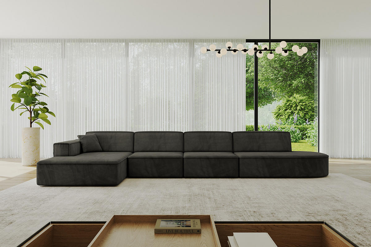 ECKSOFA Ottomane Links IREA-L3-v4 - 412x165x77 cm Schwarz - Schwarz, Holzwerkstoff/Textil (412/165cm) - ALTDECOR