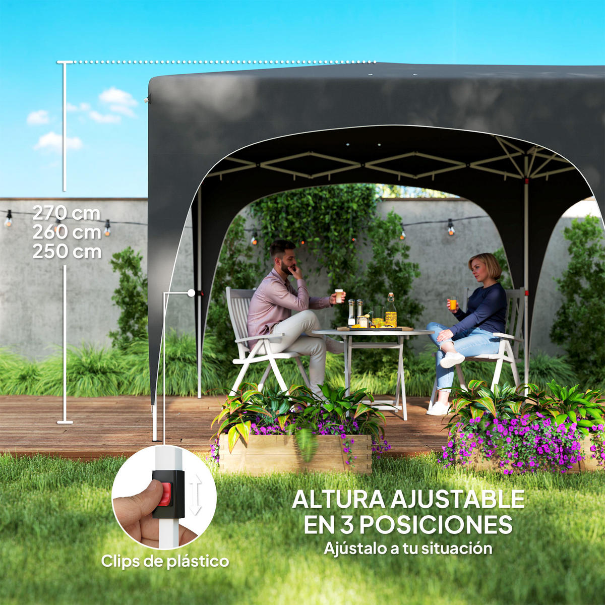 FALTPAVILLON, 6x3m, Seitenwände, UPF50+, höhenverstellbar, Tragetasche, Dunkelgrau - Multicolor, Metall (597/270/300cm) - FORIOUS