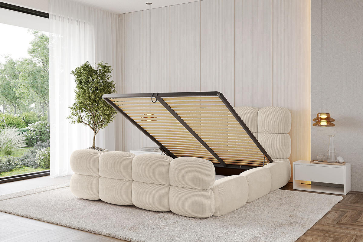 POLSTERBETT mit Bettkasten, Fußteil und Lattenrost, Bett mit Matratze H3/H4 - NOMA-Z 200x200 Beige - Creme, Holzwerkstoff/Textil (200/200cm) - ALTDECOR
