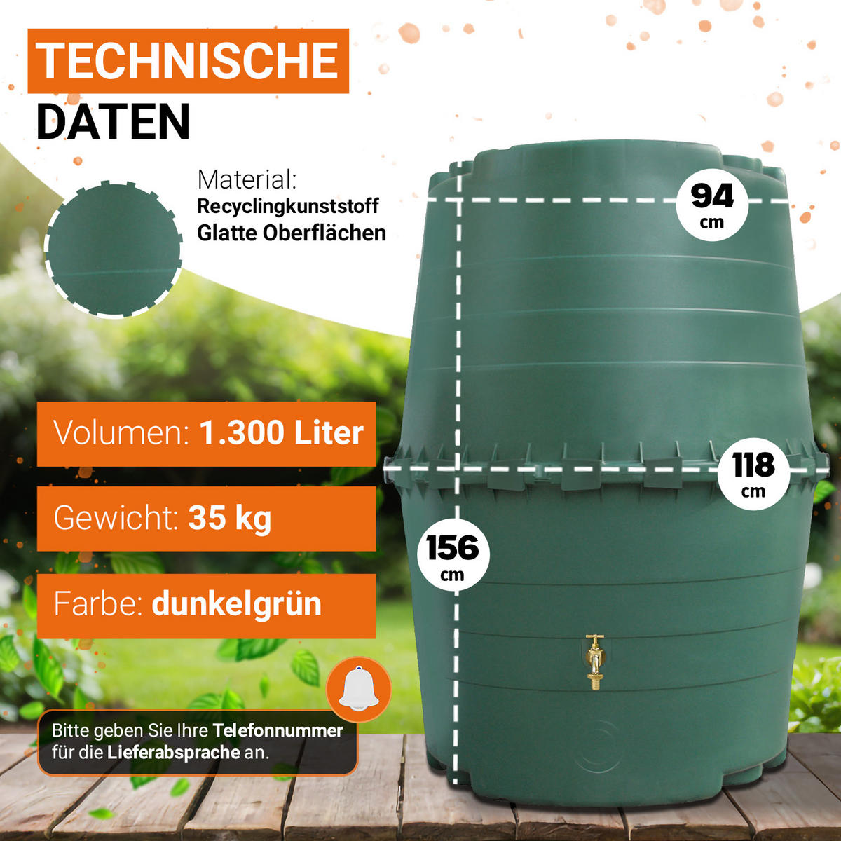 TOP-TANK Regentonne 1300 L, dunkelgrün - Grün, Kunststoff (118/156/120cm) - GARANTIA