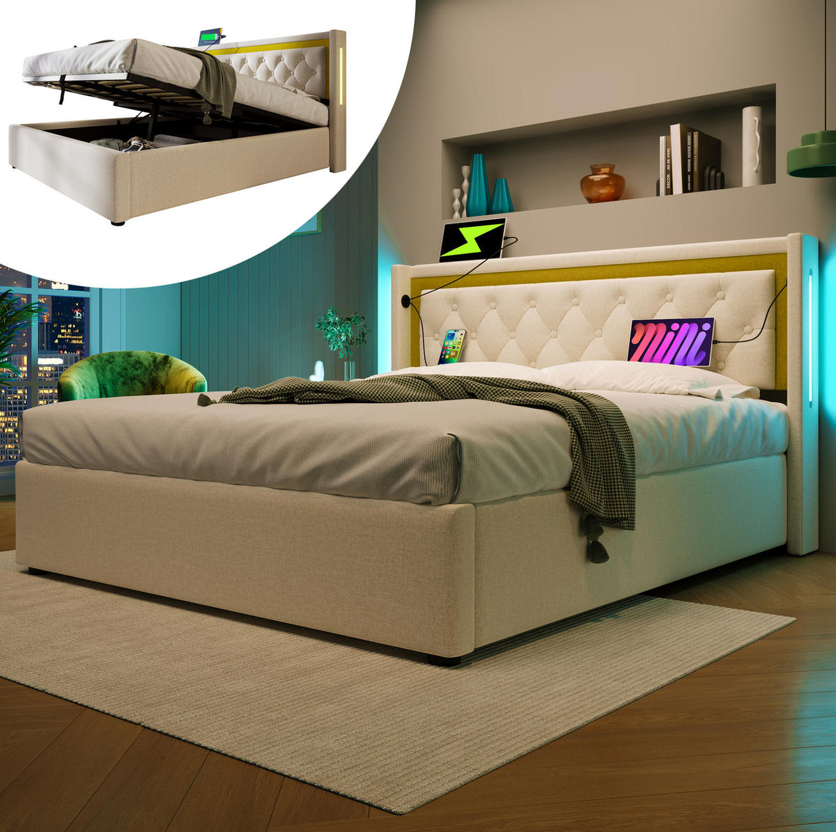 POLSTERBETT 140/200 cm mit LED, Bettkasten (Gasdruck), USB & Typ-C, Lattenrost inklusive,Beige - Beige, Textil (140/200cm) - Redom
