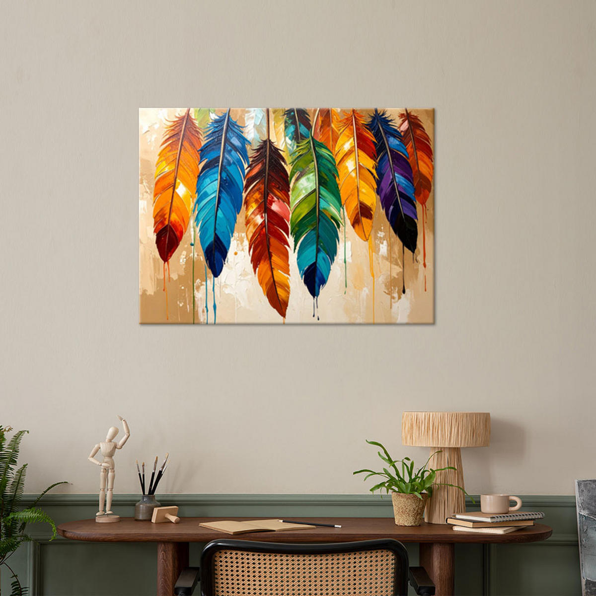 LEINWANDBILD Bunte Federn Farbeffekt beige 120x80cm - Multicolor, Textil (120/80cm) - Feeby