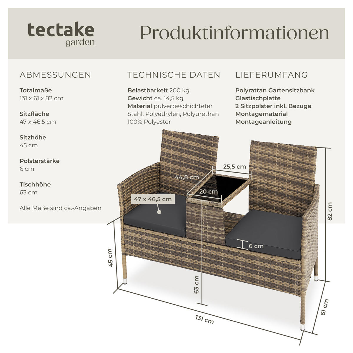 RATTAN GARTENSITZBANK Narbonne,131 x 59 x 82 cm,natur/dunkelgrau - Naturfarben, Kunststoff (61/82/131cm) - tectake