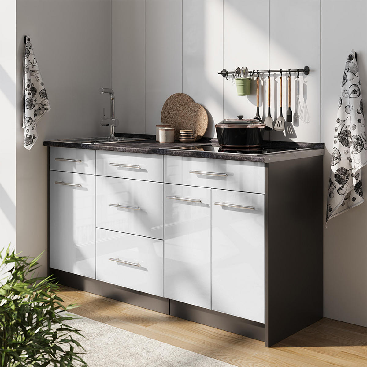 KUCHYNSKÝ BLOK Fame-Line, Biely vysoký lesk, 150 cm, AP Antracit - biela s vysokým leskom/antracitová, kompozitné drevo (150/82/60cm) - Vicco