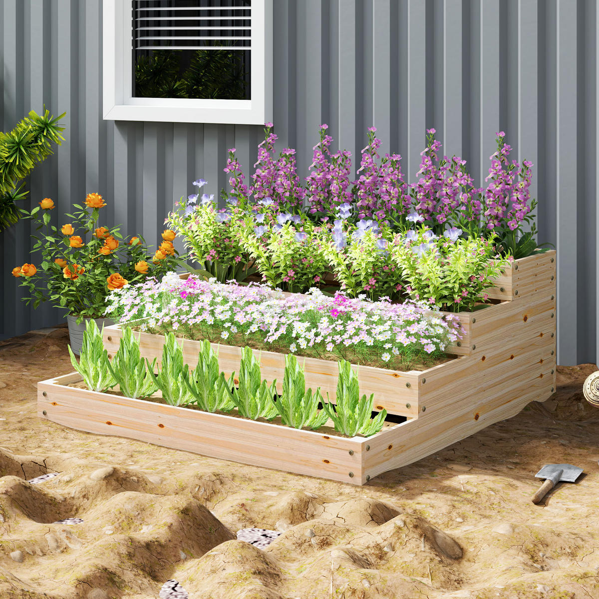 HOCHBEET DE-12204 4-stufig, 113/113/46 cm mit Unkrautschutz Natur - Naturfarben, Holz (113/46/113cm) - ComfortXL