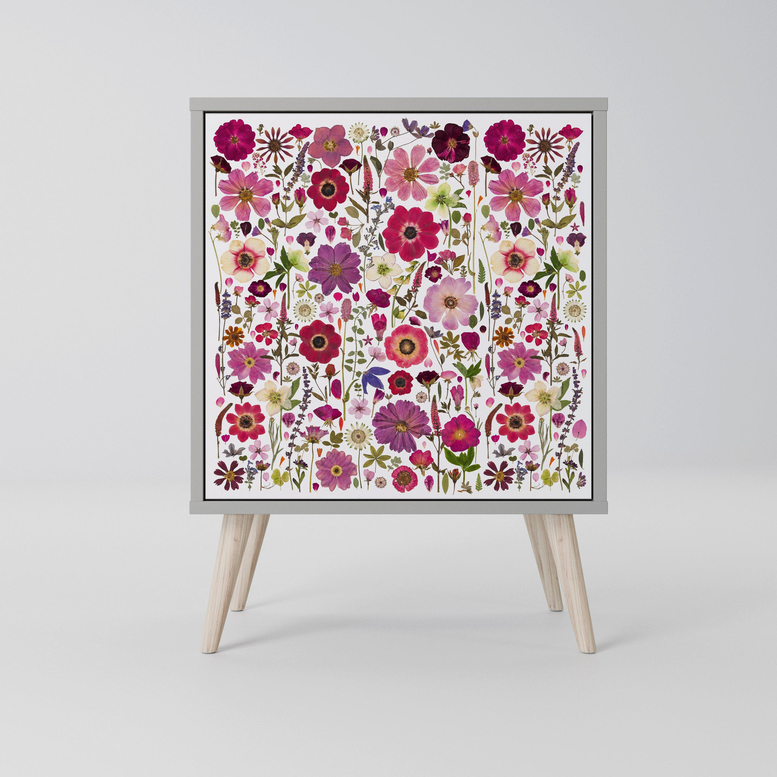 SIDEBOARD PETAL GARDEN, Grau, 57,5x42x77,5 cm, Schräge Buchenholzfüße - Buchefarben/Multicolor, Holzwerkstoff/Buchenholz (57.5/77.5/42cm) - SpaceRebels