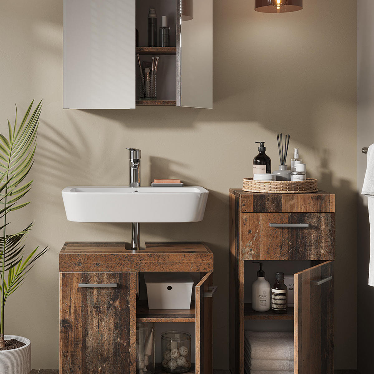 BADMÖBEL-SET Luna Oldstyle 3 Teile - Braun, Holzwerkstoff (60/56/34cm) - Vicco