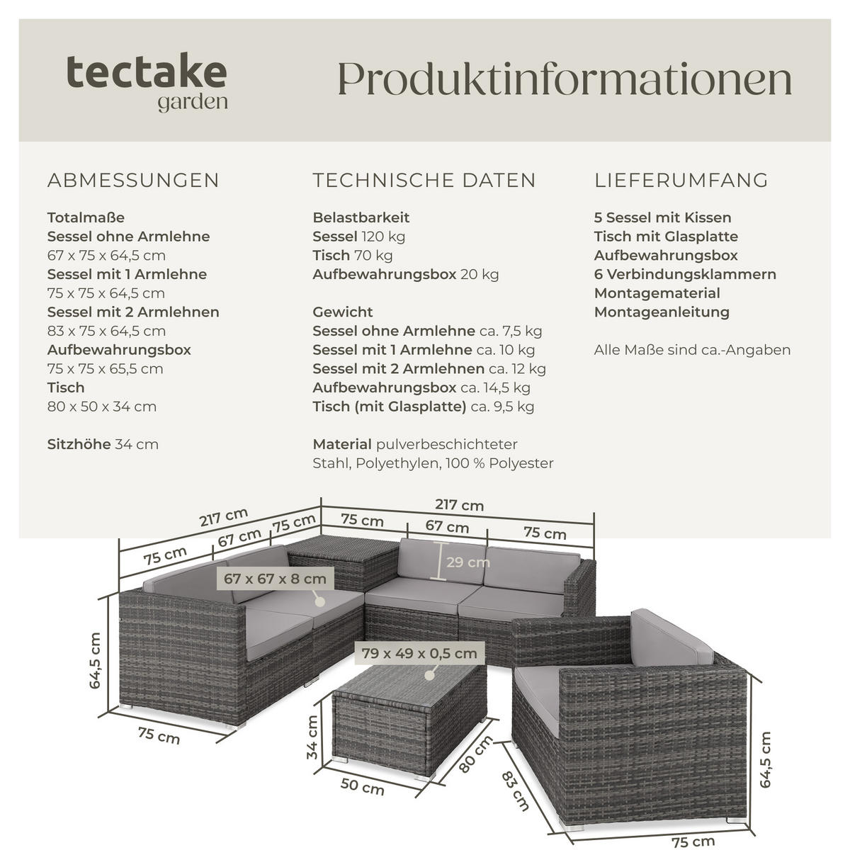 RATTANLOUNGE Pisa,inklusive großer Aufbewahrungsbox,grau - Grau, Kunststoff - tectake