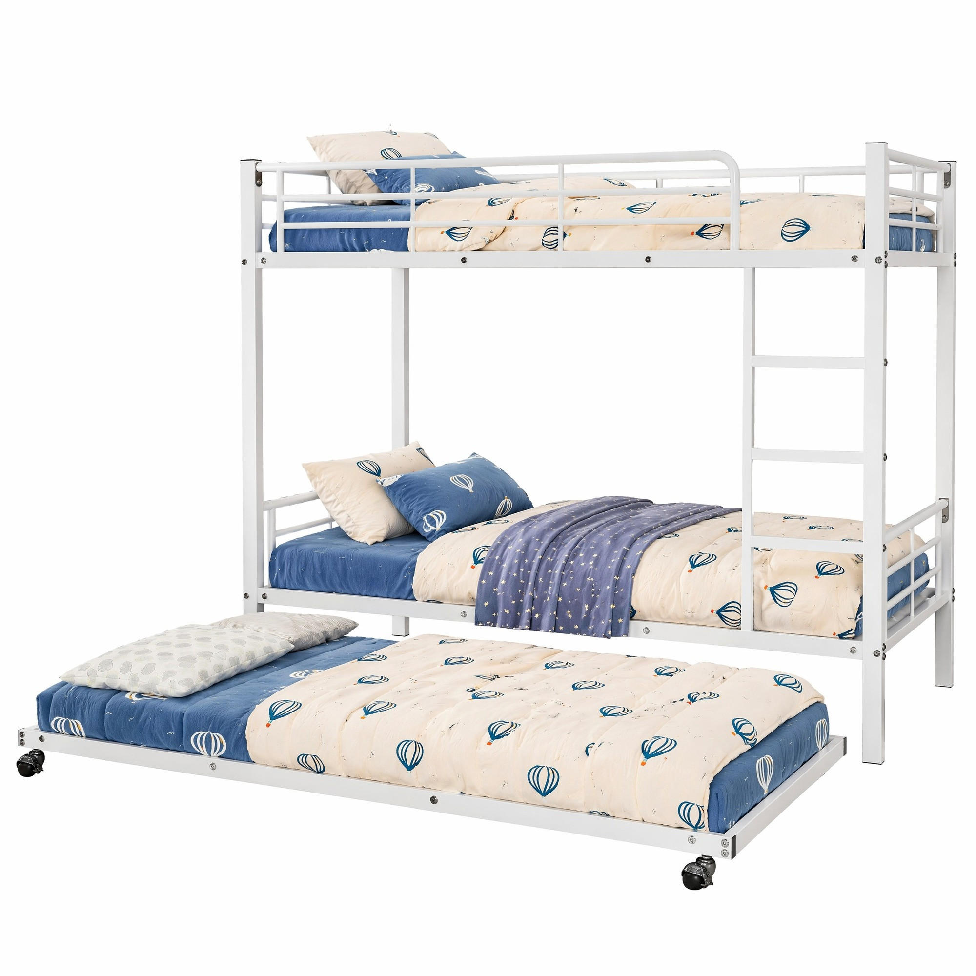 ETAGENBETT 90/200+90/190 mit Ausziehbett, Leiter und Seitengittern in Weiß - Weiß, Metall (90/200cm) - EVRYAE