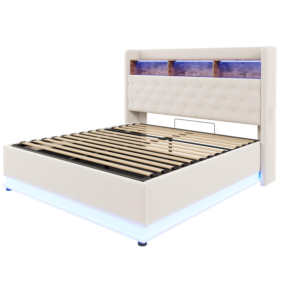 POLSTERBETT 180/200 cm Beige mit LED-Beleuchtung, USB-Anschluss und Stauraum - Beige, Textil (180/200cm) - Flora Grace