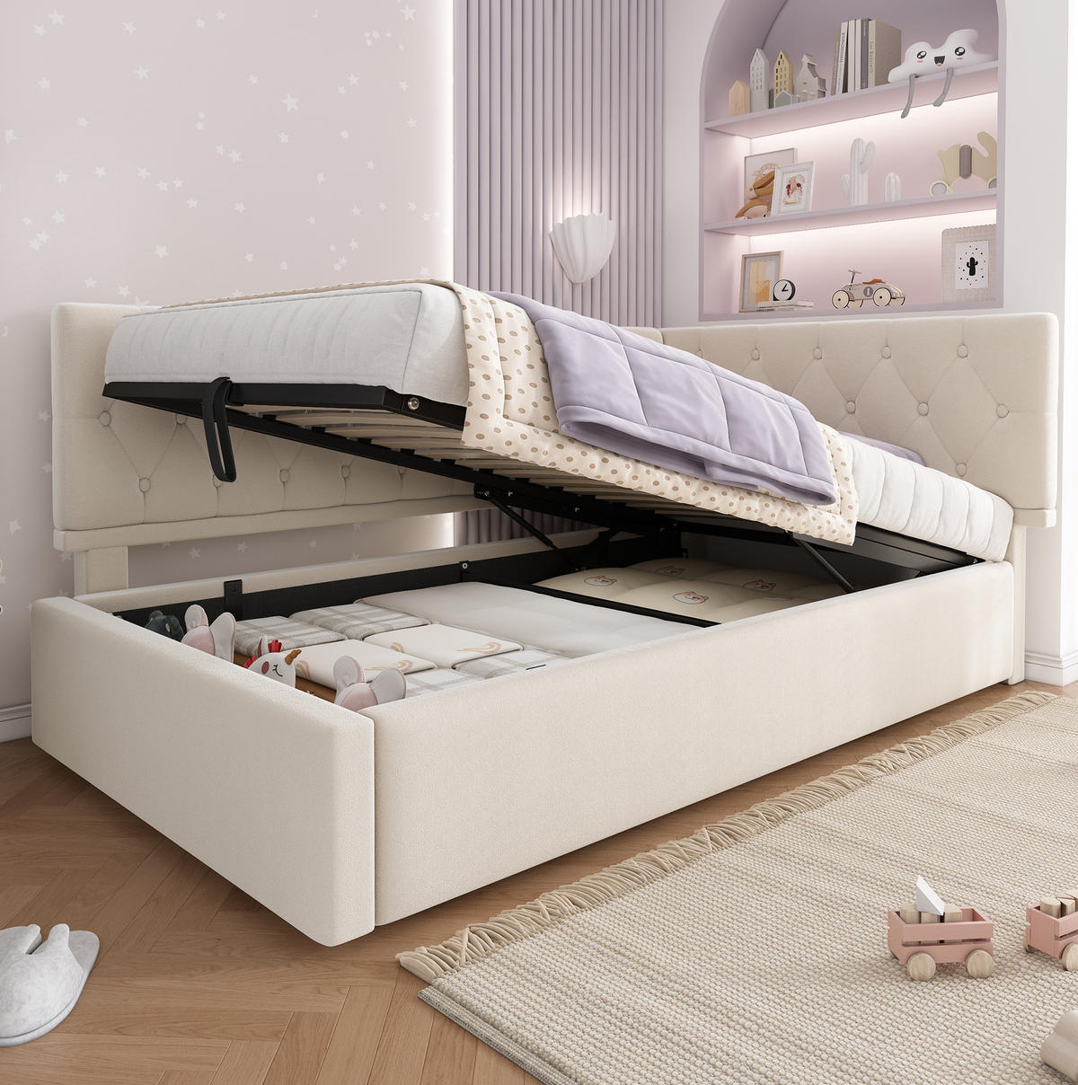 BETT mit hydraulischem Stauraum 90x200 cm Samt Beige - Beige, Metall (90/200cm) - Beauniv