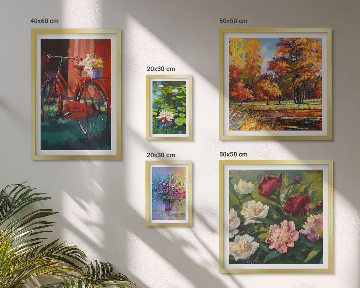 WANDBILDER 5er Set - 50x50 cm & 20x30 cm & 40x60 cm Goldrahmen - Seerosen, Fahrradblumen - Goldfarben, Kunststoff (40/60cm) - ArtPrintCave