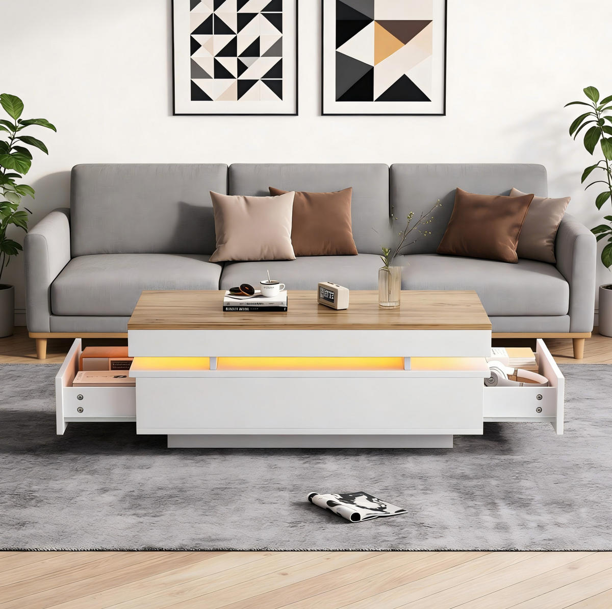 KONFERENČNÍ stolek z dřevotřísky 100x50x35 cm bílá a dekor dřeva s LED osvětlením, 2 zásuvkami a vysokým leskem - bílá, kompozitní dřevo (100/50/35cm) - Modfu