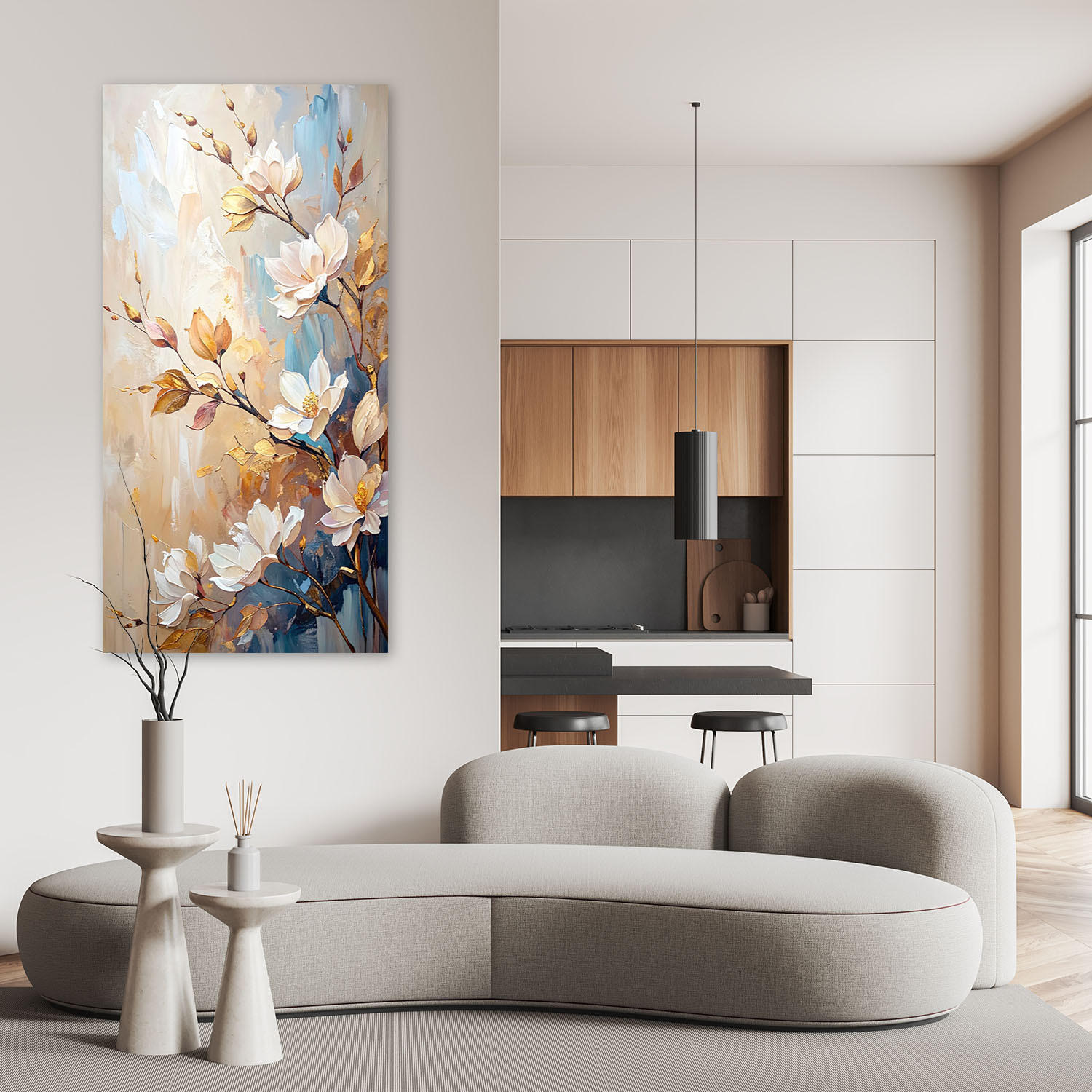 LEINWANDBILD Blumen Zweige Beige Imitation Farbe 50x100cm - Beige, Textil (50/100cm) - Feeby