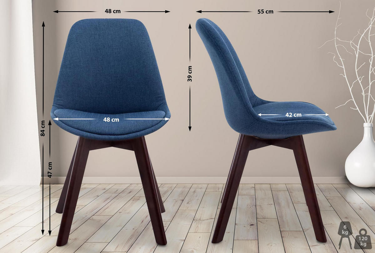 STUHL Stoff Blau - Blau/Walnussfarben, Holz/Textil (48/84/55cm) - CLP