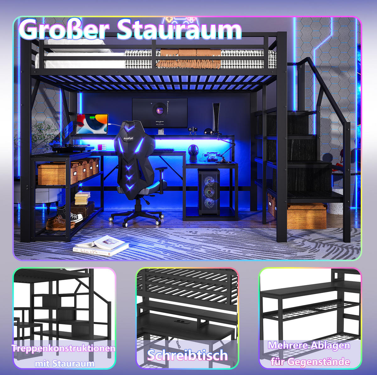 HOCHBETT 140/200 cm, Eisenrahmen, LED, USB mit Schreibtisch - Schwarz, Metall (140/200cm) - MIVRAY