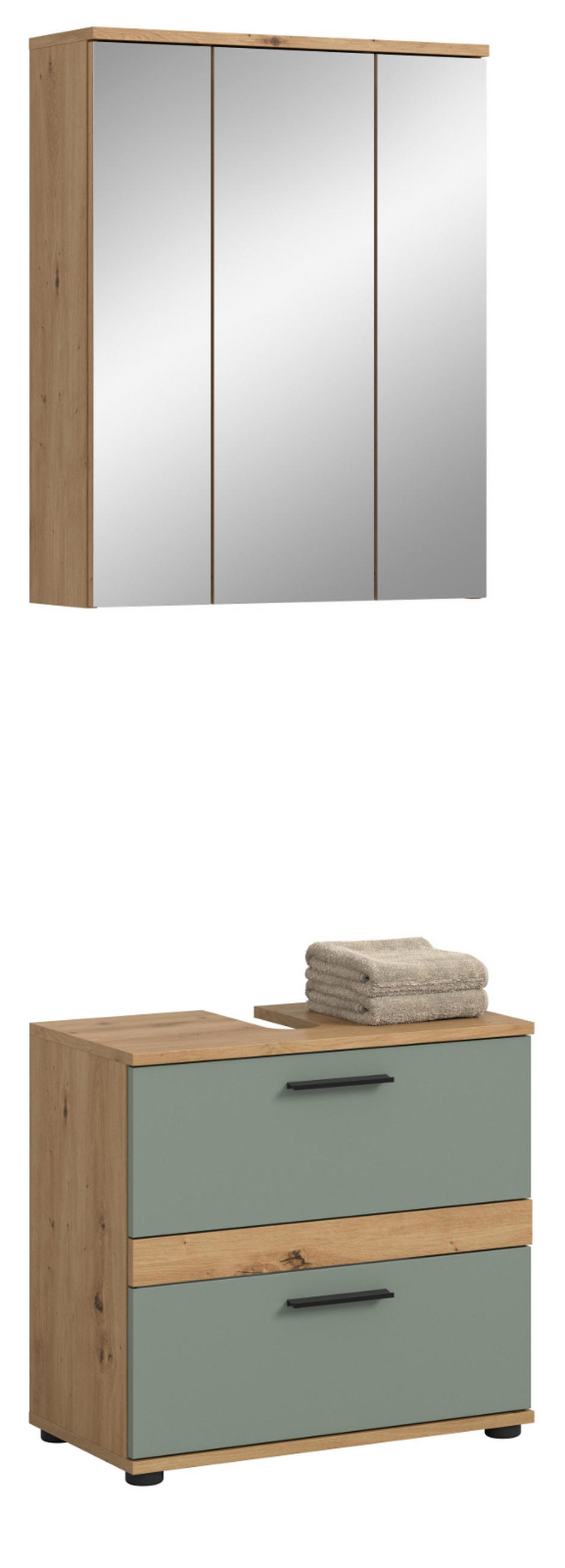 BADMÖBEL-SET Salbei grün, Eiche Artisan 60 cm 2-teilig, moderne Badeinrichtung - Salbeigrün/Schwarz, Glas/Holzwerkstoff (60/191/34cm) - Inn.Furn