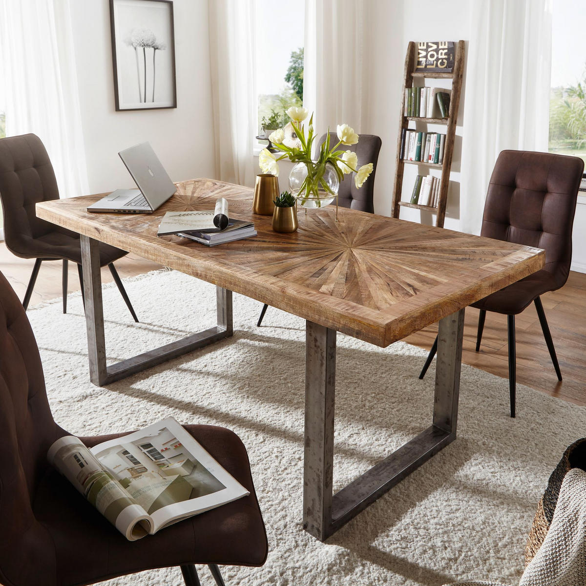 ESSTISCH Massivholz Edelstahlbeine Rustikal, Braun 180x90x76 cm - Anthrazit/Braun, Holz/Metall (90/180/76cm) - KADIMA DESIGN