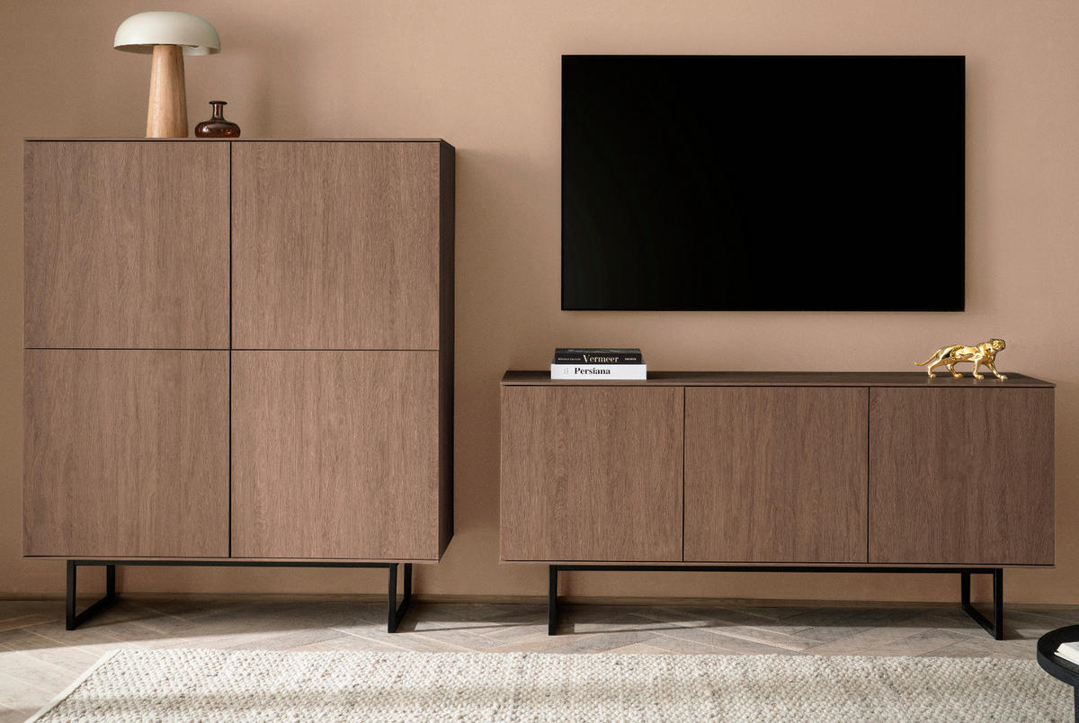 WOHNWAND in Nussbaum 2-teilig 280 cm, Wohnkombination mit Push-to-Open - Nussbaumfarben/Schwarz, Holzwerkstoff/Metall (280/137/40cm) - Furn.Design